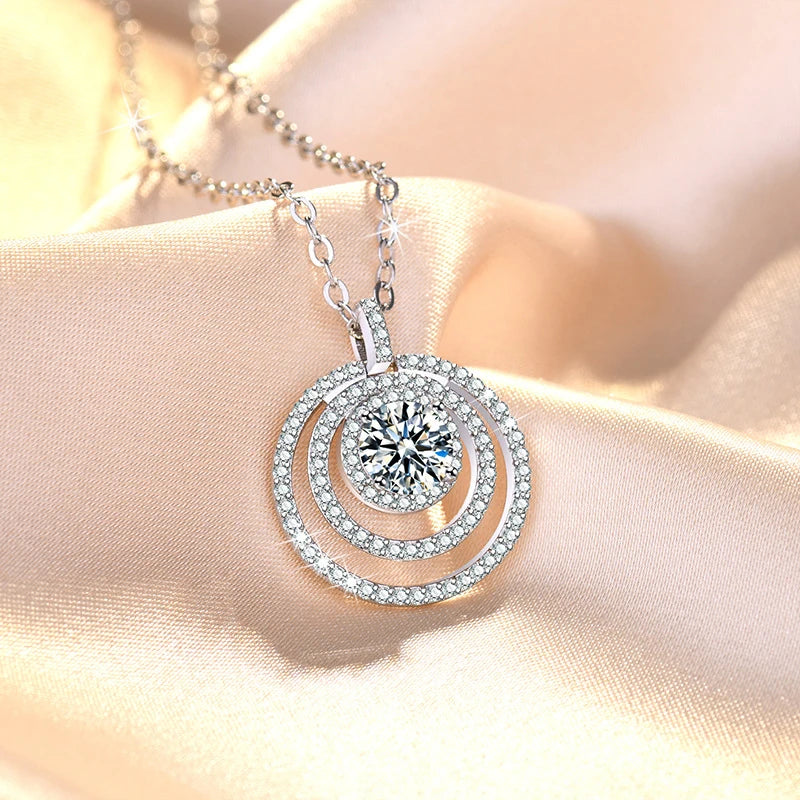 S925 Sterling Silver Jewelry Three Layer Round Zircon Pendant Necklace