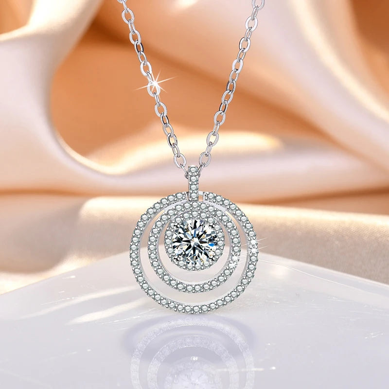 S925 Sterling Silver Jewelry Three Layer Round Zircon Pendant Necklace