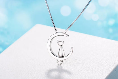 s925 Sterling Silver Necklace For Women Moon Kitten