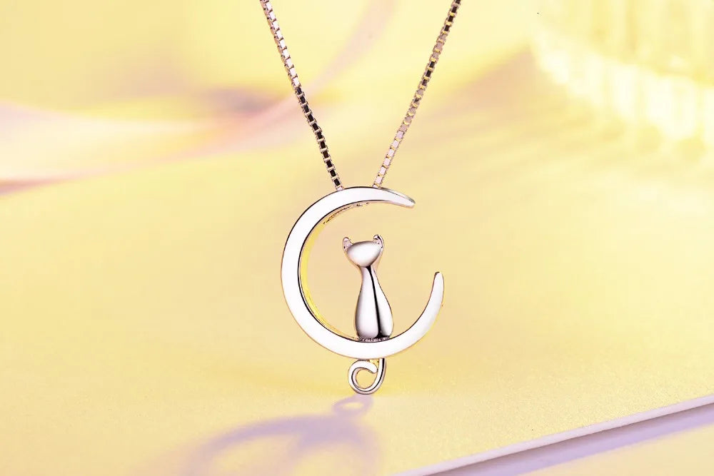 s925 Sterling Silver Necklace For Women Moon Kitten