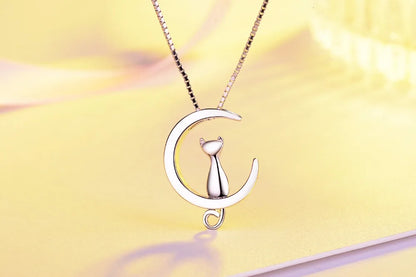 s925 Sterling Silver Necklace For Women Moon Kitten