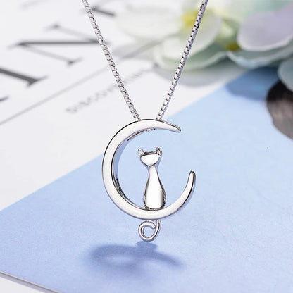 s925 Sterling Silver Necklace For Women Moon Kitten