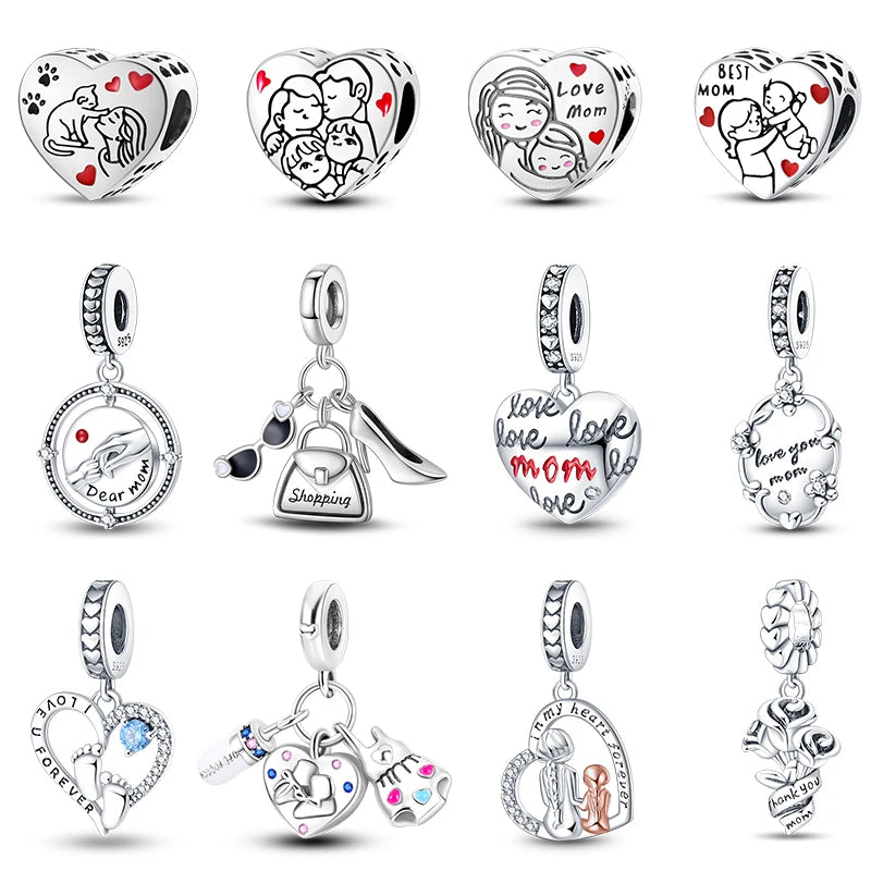 925 Silver Color Love Mother's Day Collection Charms